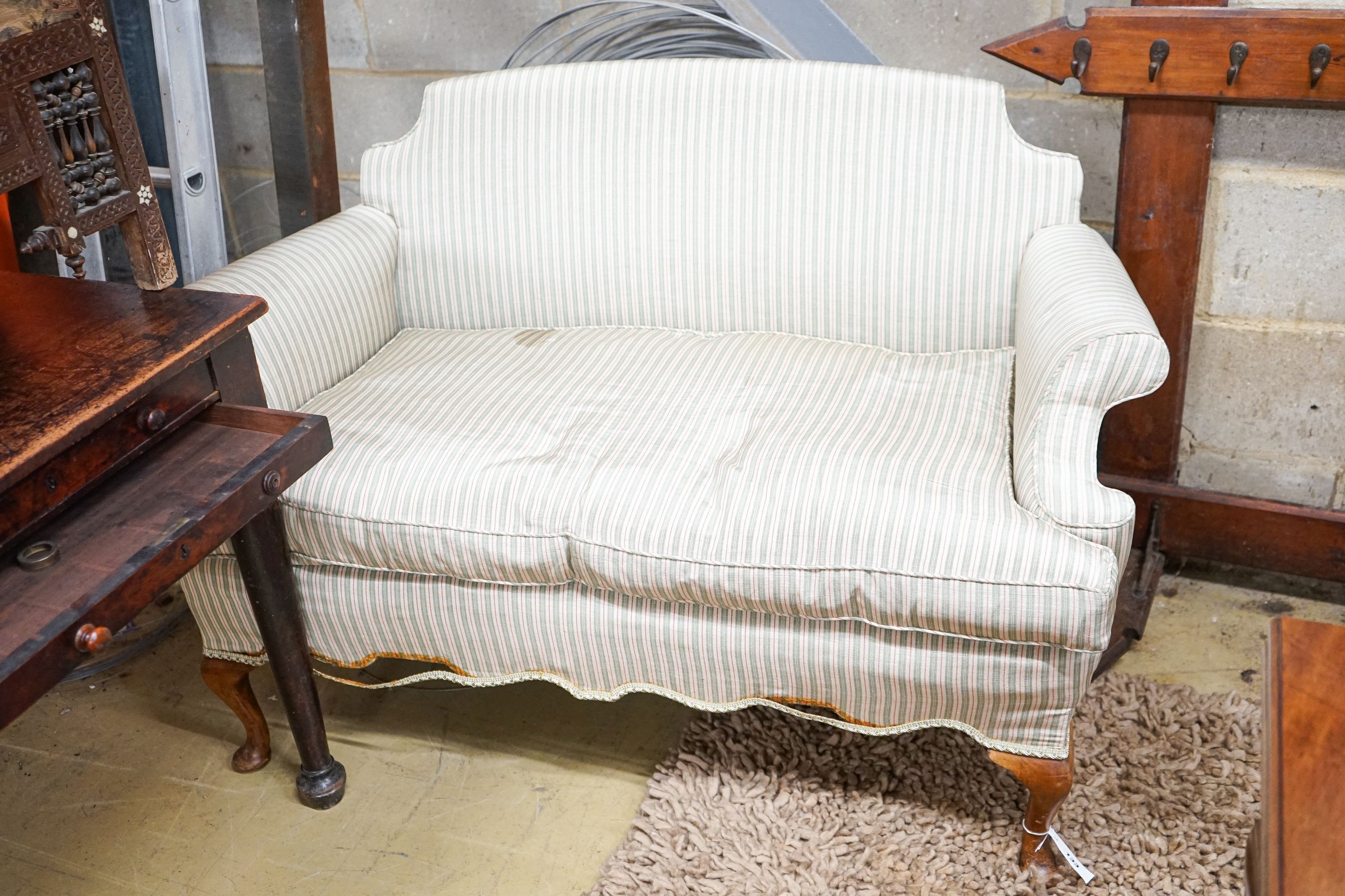 A small Queen Anne style upholstered two seater settee, length 126cm, depth 70cm, height 82cm